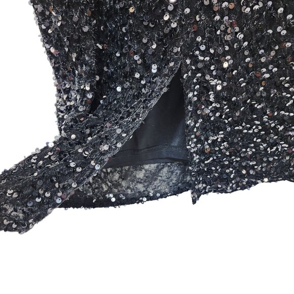 Vintage Black Sequined Dress With Puff Sleeves & Feather Trim Size XL - Picture 10 of 10